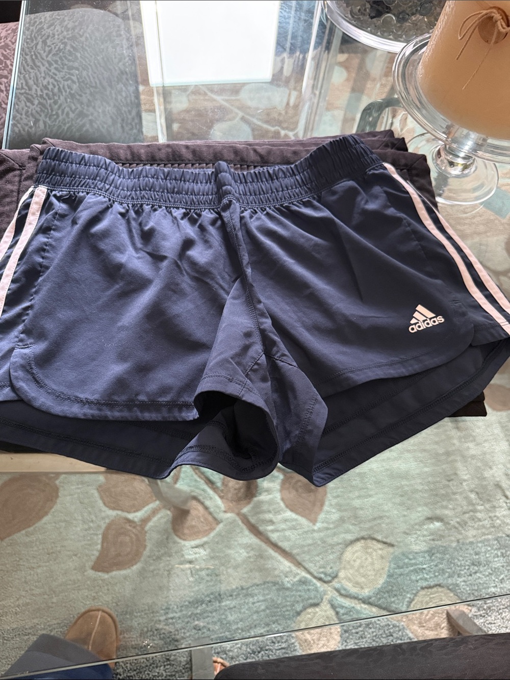 adidas Navy Athletic Running Shorts with Pink Side Stripes